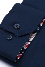 Navy blue slim fit shirt with flowers on the back collar