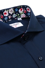 Navy blue slim fit shirt with flowers on the back collar