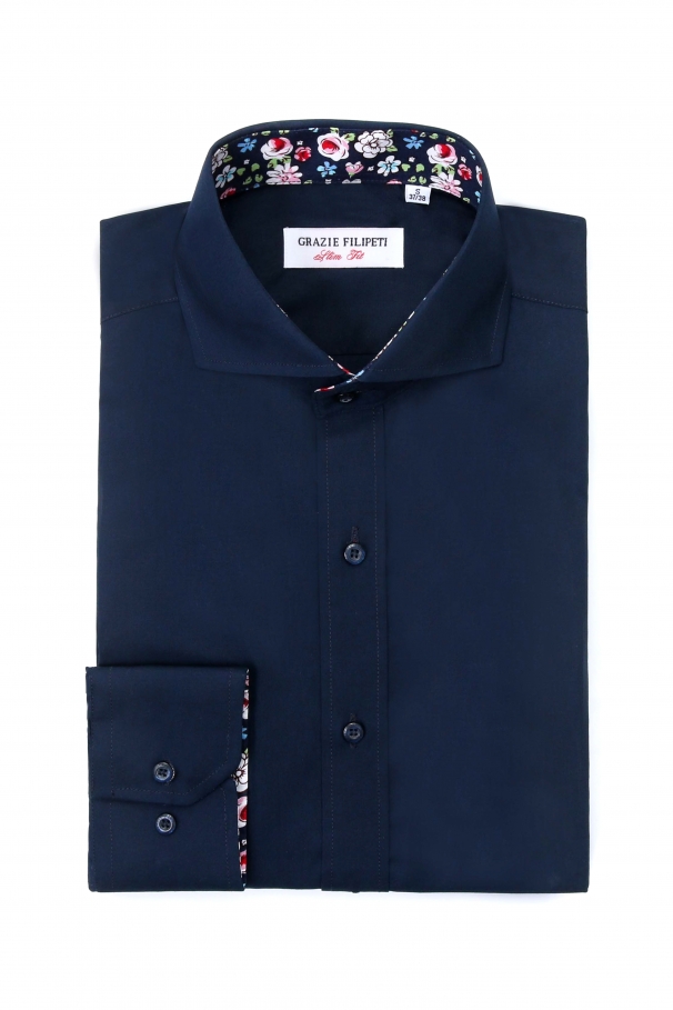 Navy blue slim fit shirt with flowers on the back collar