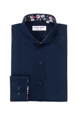 Navy blue slim fit shirt with flowers on the back collar
