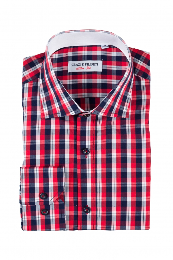 Red checked casual shirt with navy blue buttons