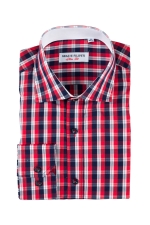 Red checked casual shirt with navy blue buttons