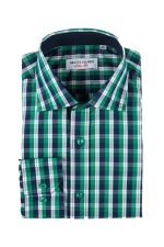 Navy blue and green checked shirt with buttons