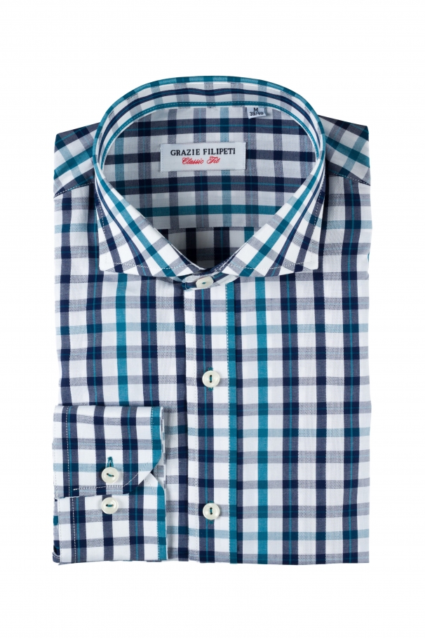 Sapphire blue checked shirt with white lines