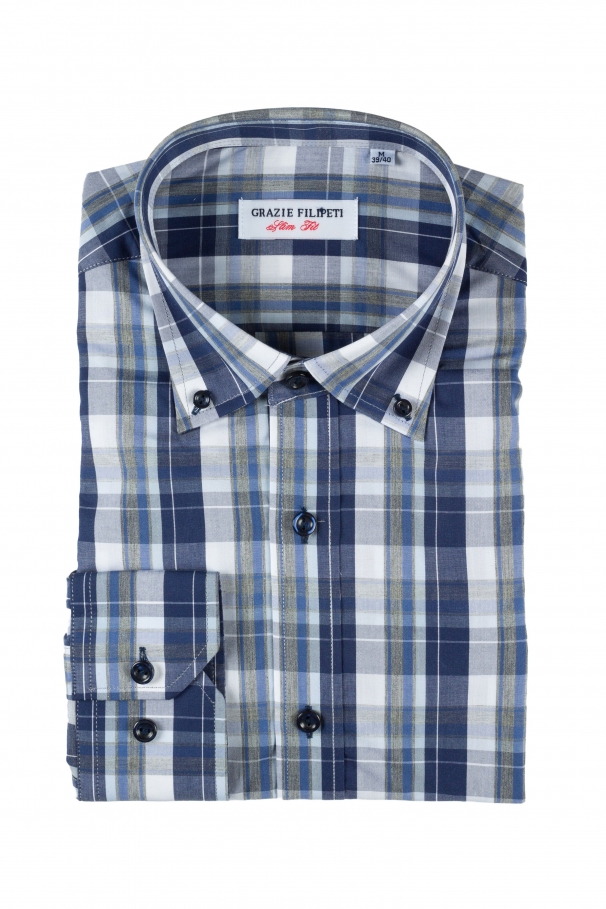 Blue and grey checked shirt with dark blue buttons