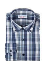 Blue and grey checked shirt with dark blue buttons