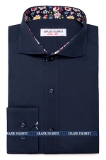 Navy blue slim fit shirt with flowers on the back collar