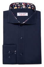 Navy blue slim fit shirt with flowers on the back collar