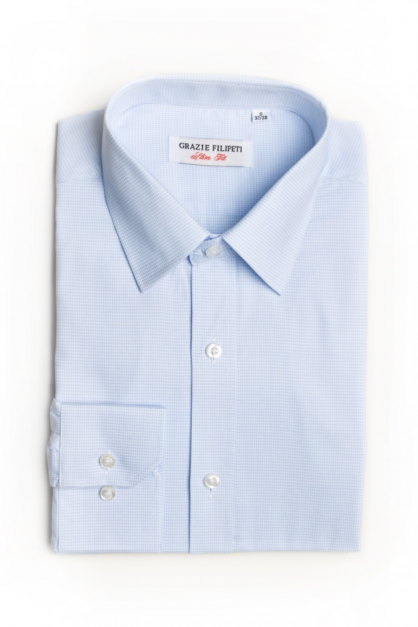 Navy blue and white checked shirt with buttons