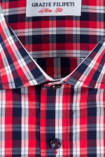 Red checked casual shirt with navy blue buttons