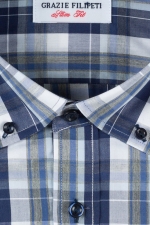 Blue and grey checked shirt with dark blue buttons
