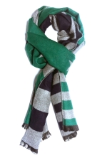 Gray scarf with navy blue and green stripes
