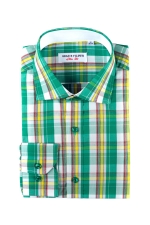 Green checked shirt with white, yellow, and red lines