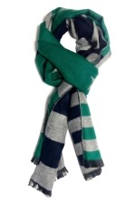 Gray scarf with navy blue and green stripes