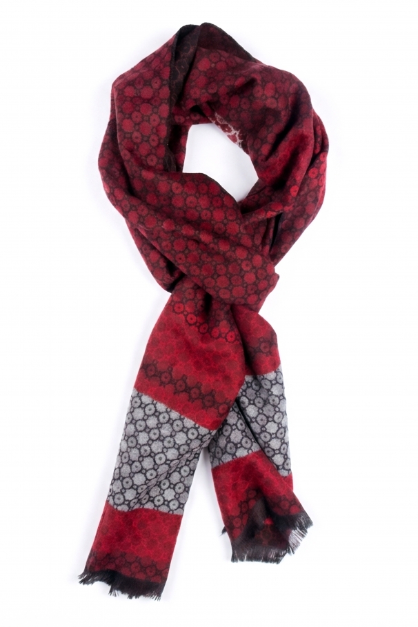 Gray scarf with navy blue and green stripes