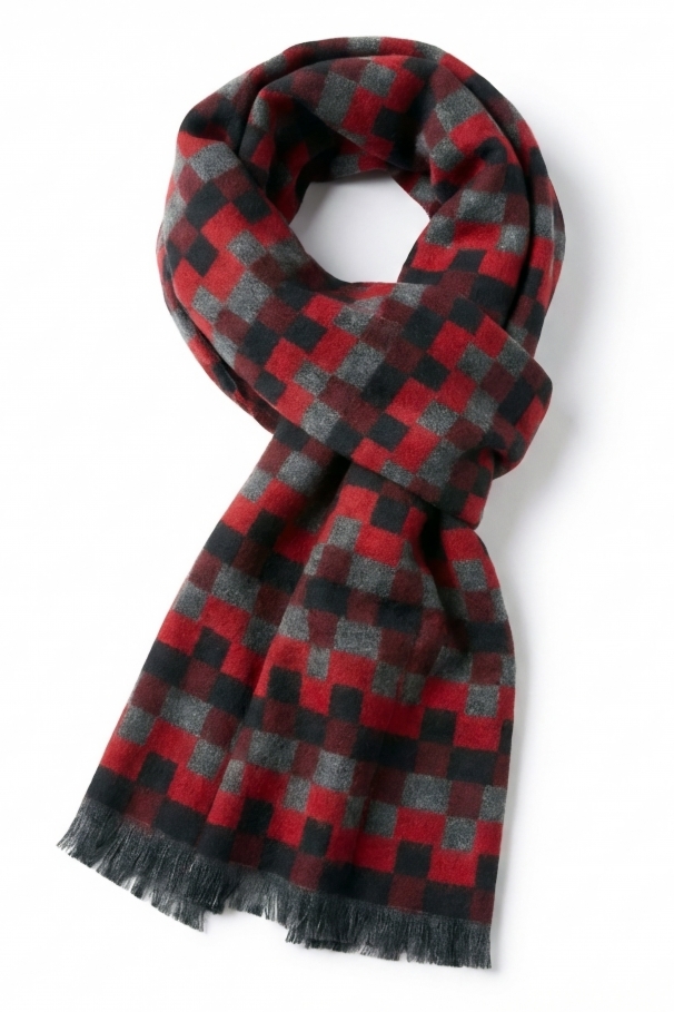 Cashmere scarf with burgundy red and gray squares